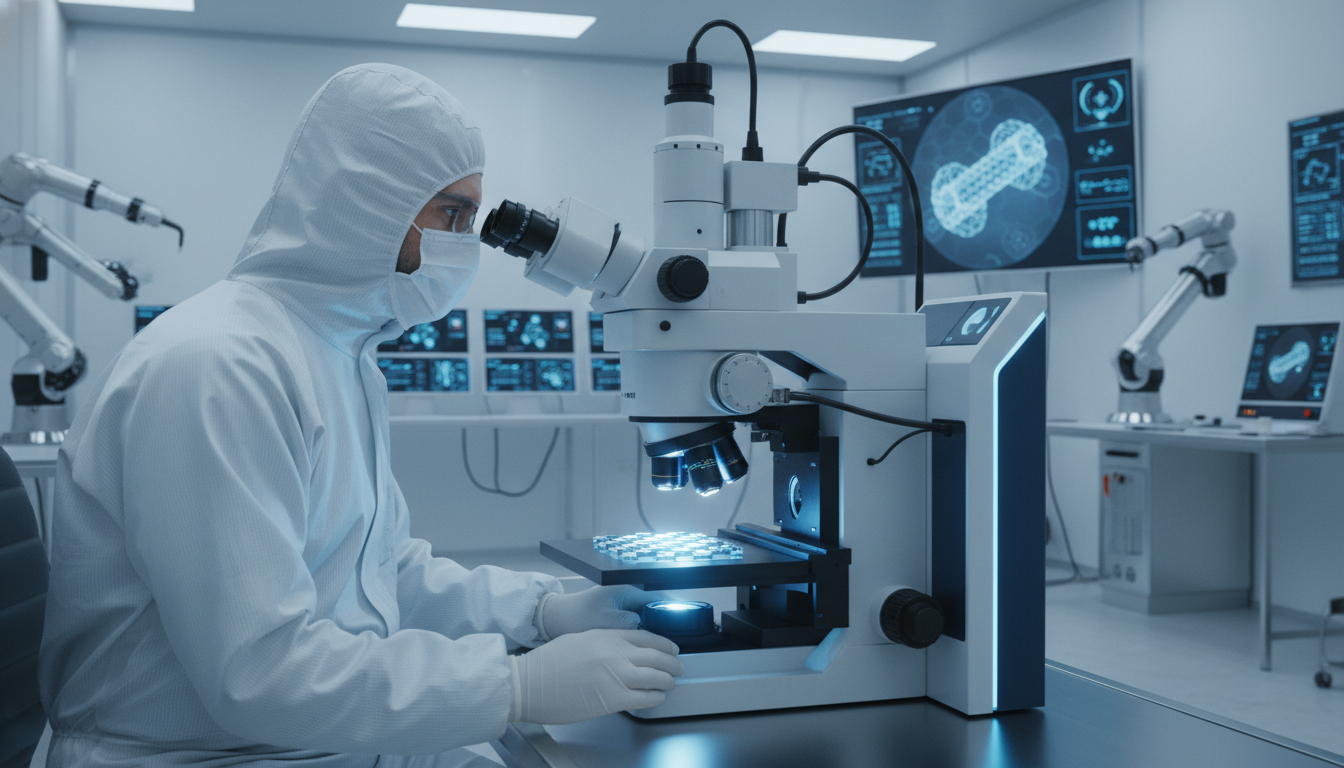 A scientist in a cleanroom laboratory examining advanced titanium materials under a microscope, symbolizing future innovations.