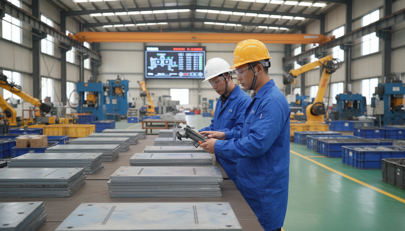 Technicians performing quality control checks on titanium anodes in a factory setting