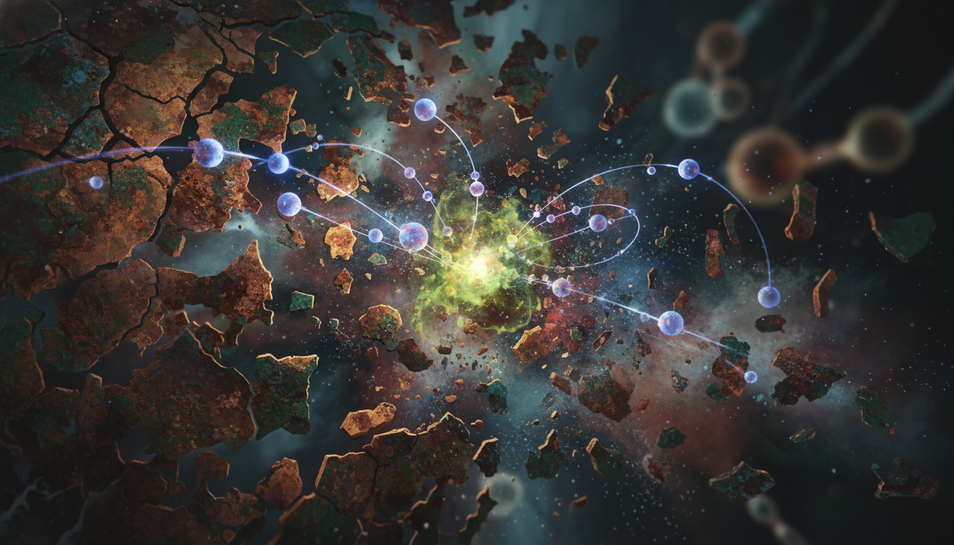 Abstract depiction of electron transfer and metal degradation due to corrosion.
