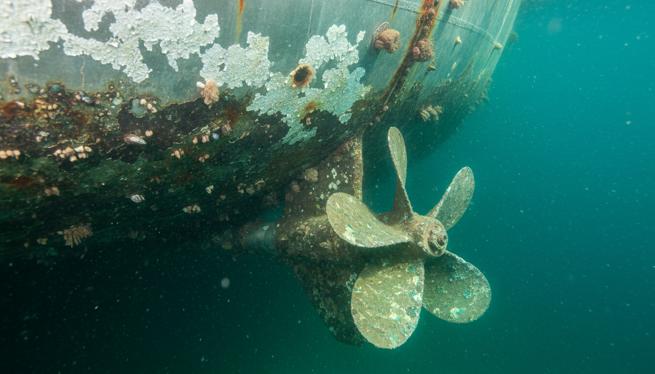 Corroded boat hull and propeller, illustrating marine galvanic corrosion without anode protection.