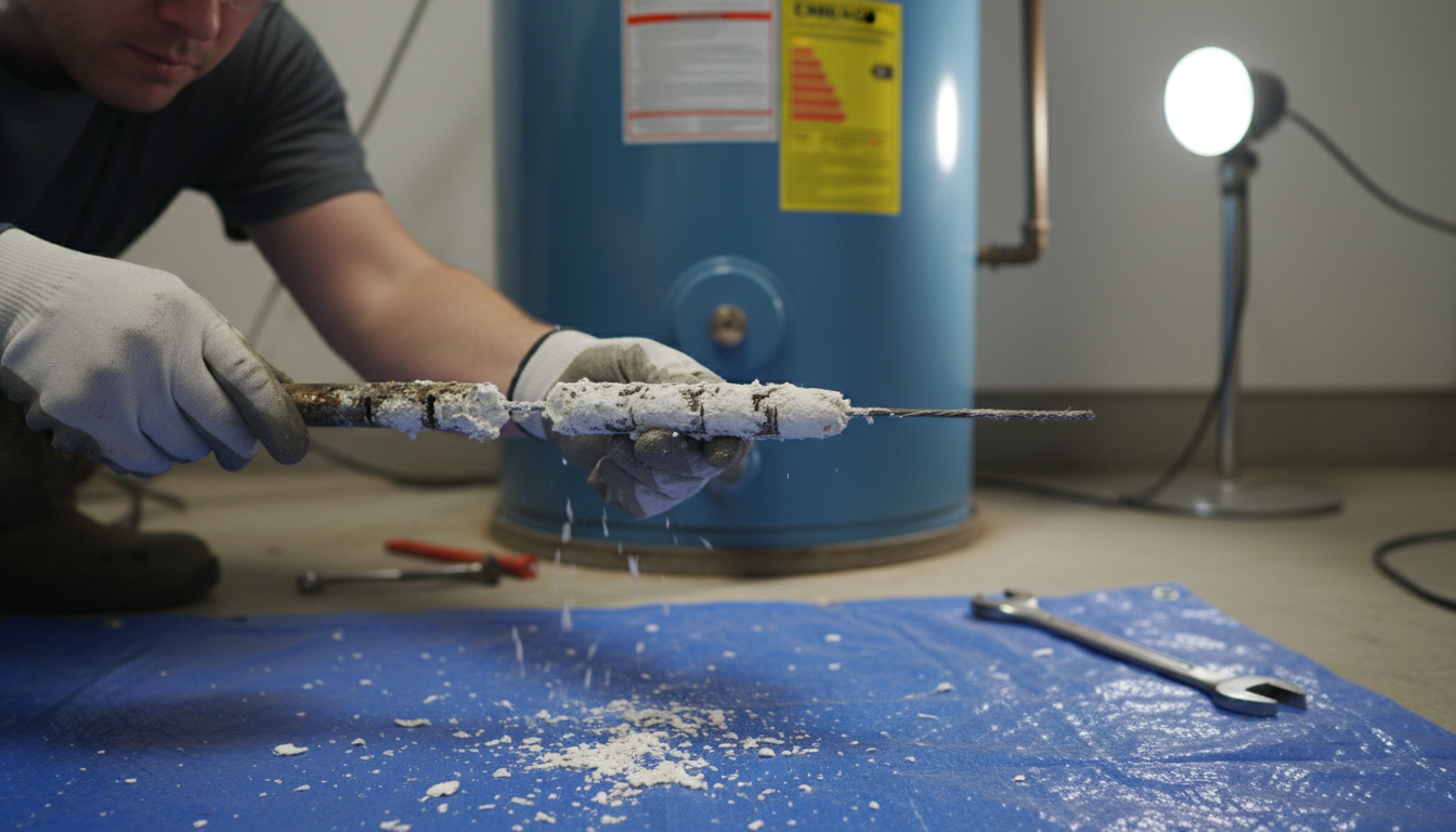 Person inspecting a sacrificial anode rod from a water heater for wear and tear.
