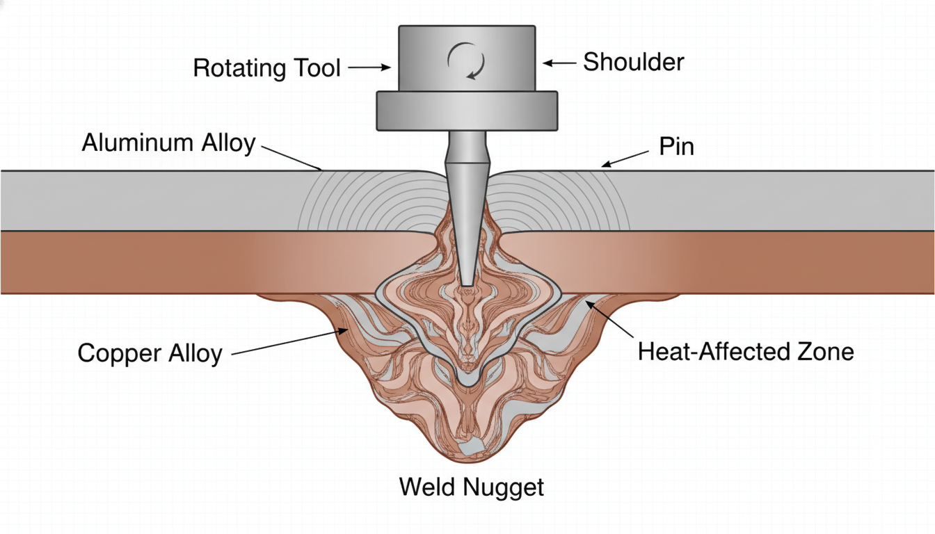 Illustration of the friction stir welding process joining two different metals