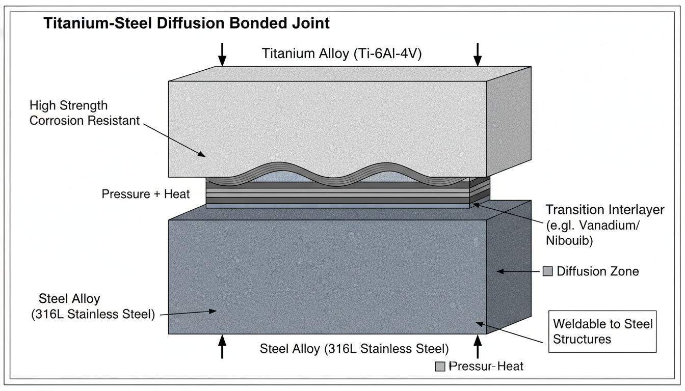 Diagram showing a transition joint or interlayer between titanium and steel
