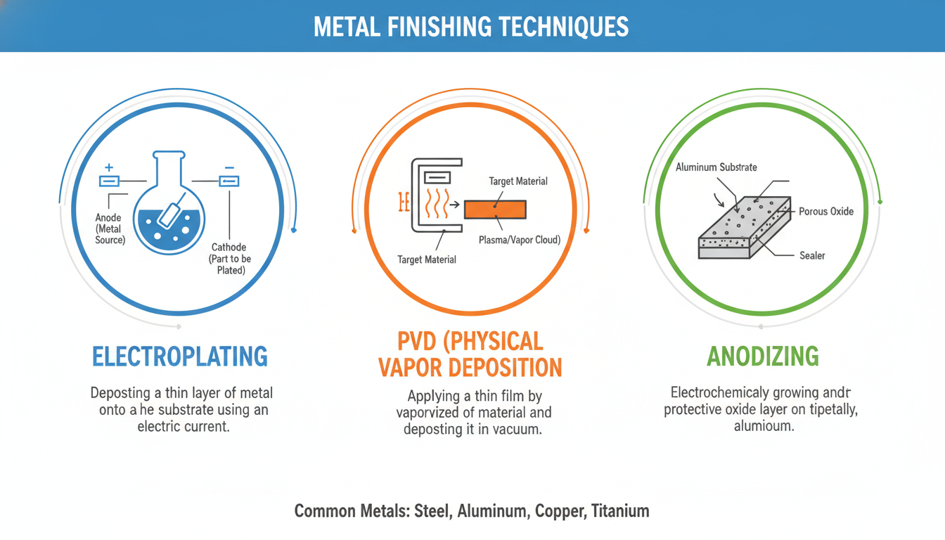 Diagram showing various metal finishing techniques including plating, PVD, and anodizing