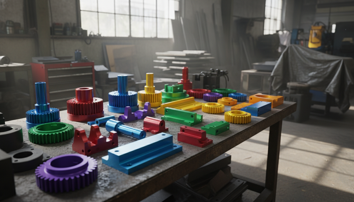 Assortment of brightly colored anodized aluminum parts in an industrial setting
