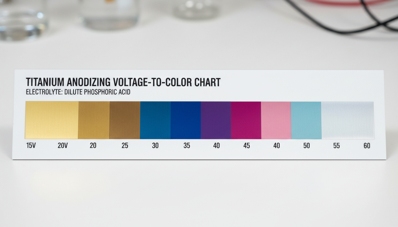 Voltage to color chart for titanium anodizing showing various hues at different voltages