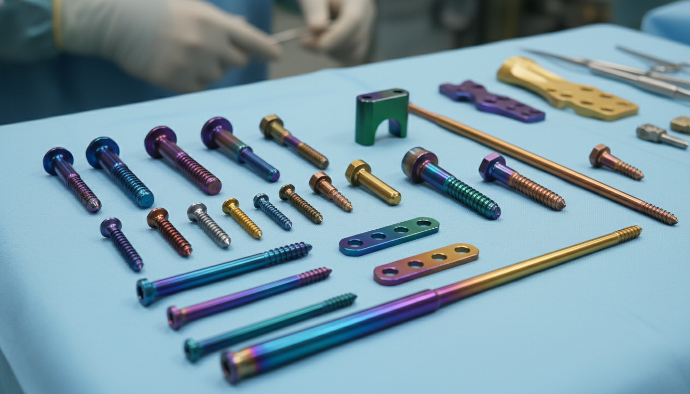 Various anodized titanium medical implants in different colors for identification