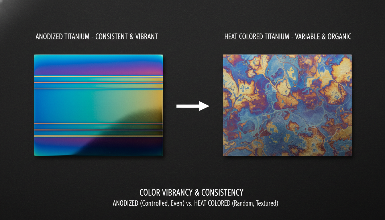 Comparison of anodized and heat colored titanium showing difference in color vibrancy and consistency