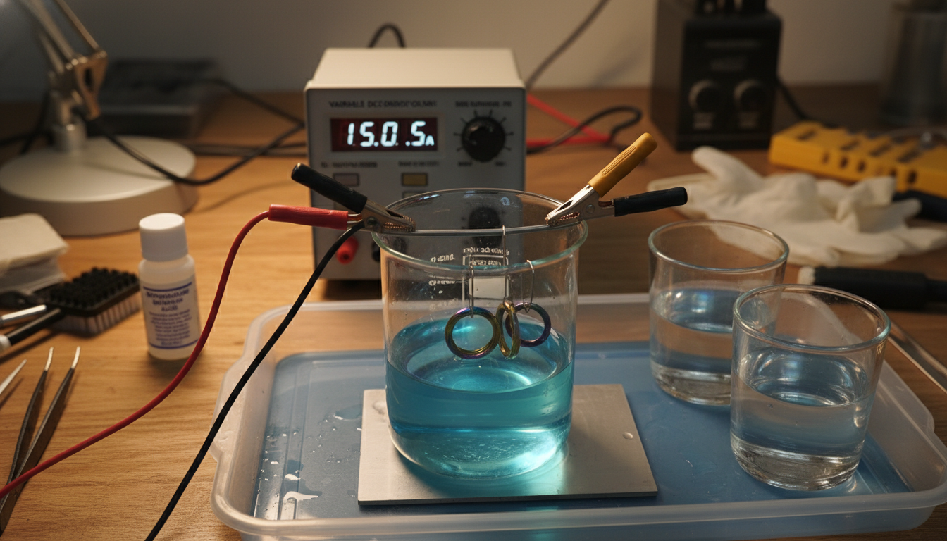 Small-scale hobbyist titanium anodizing setup with power supply and containers