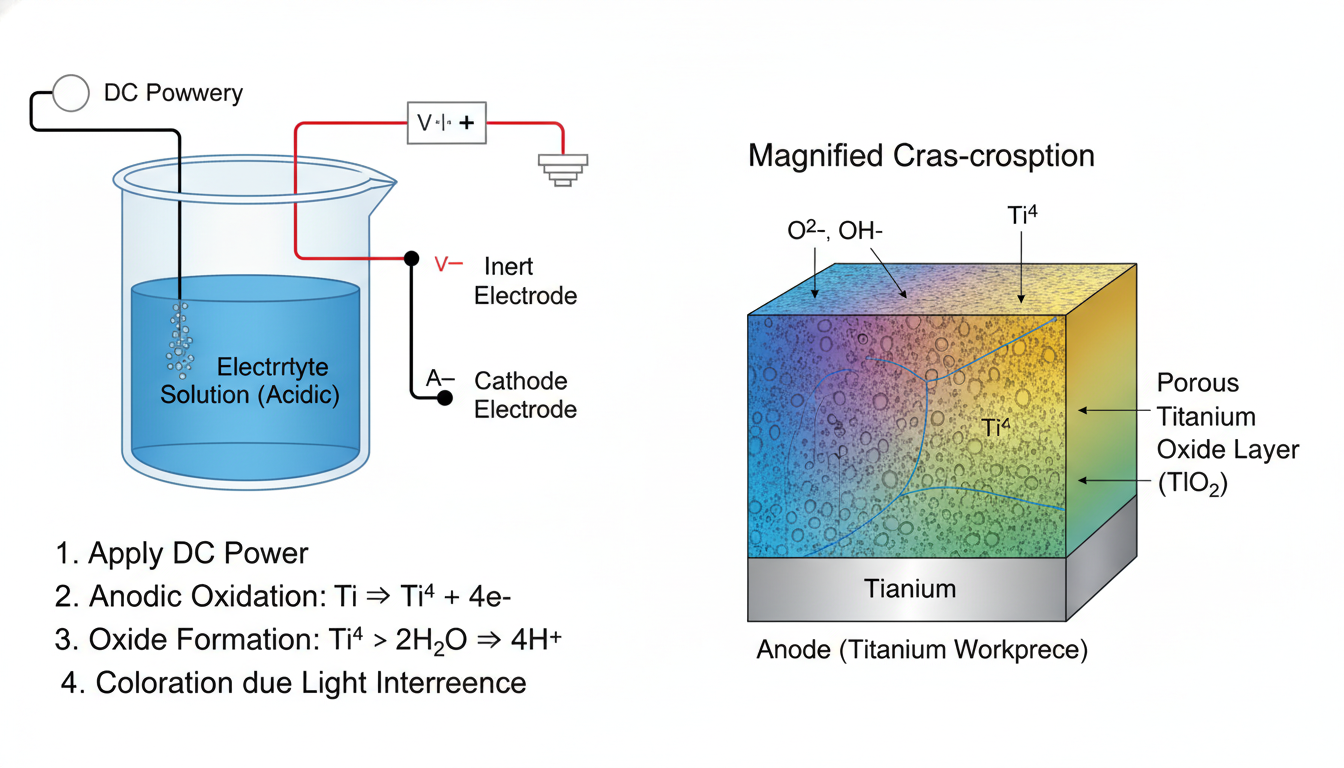 Schematic illustration of the titanium anodizing process showing the electrochemical setup and oxide layer formation