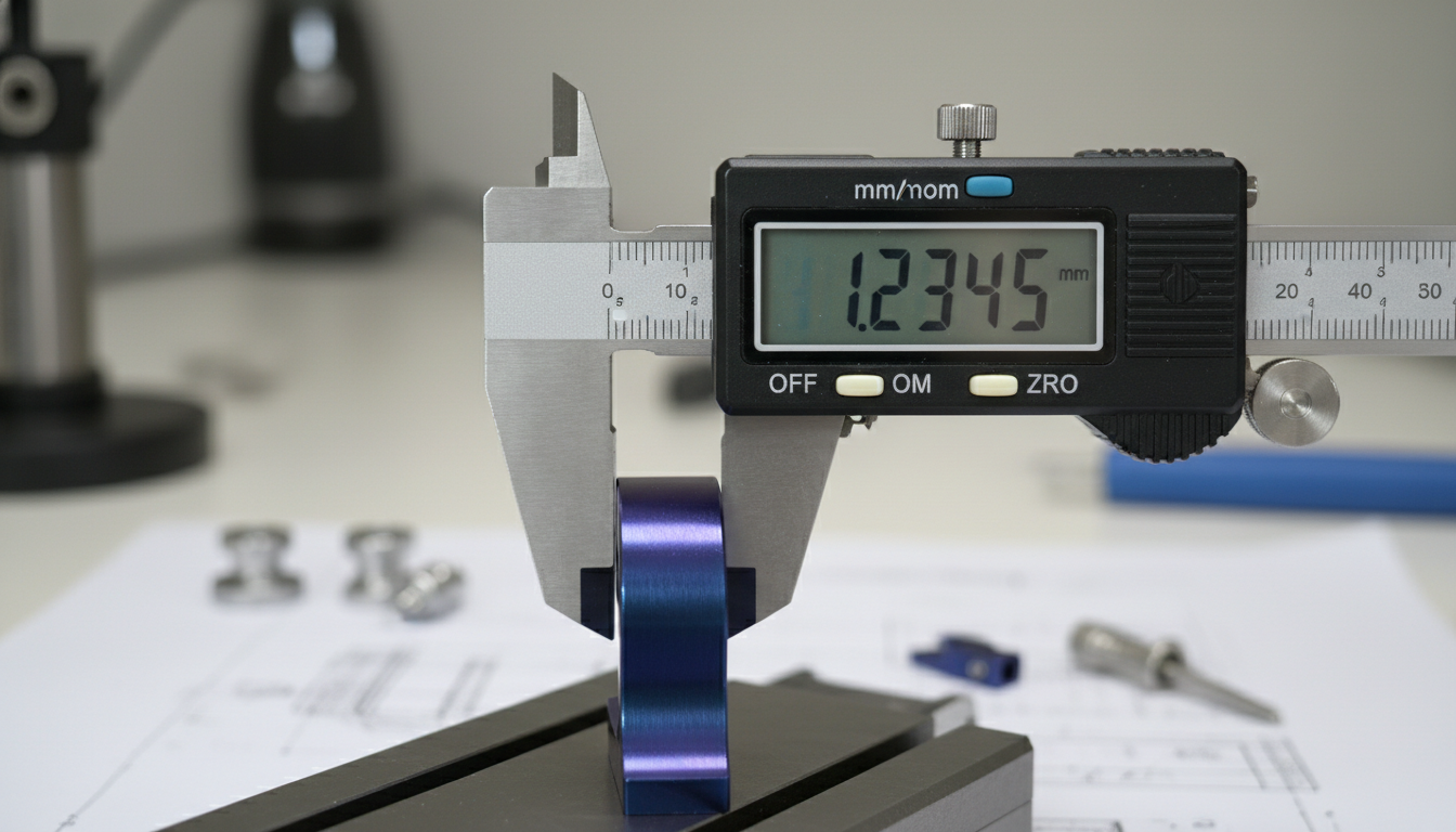 A micrometer precisely measuring the thickness of an anodized titanium component