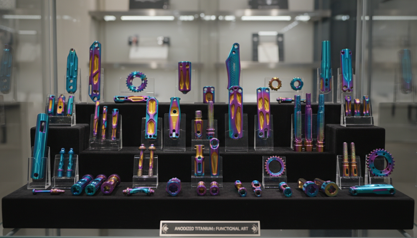 A display of various colorful anodized titanium parts showcasing aesthetic appeal