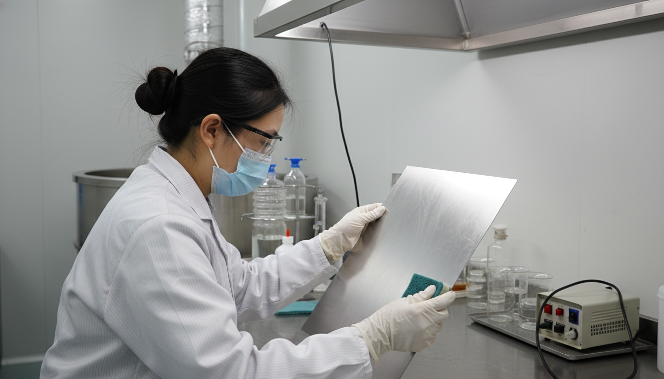A chineseTechnician preparing titanium surface for anodizing