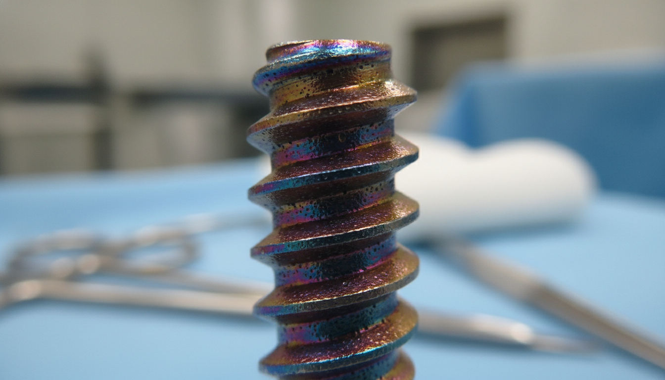 Close-up of a medical titanium implant with an anodized surface