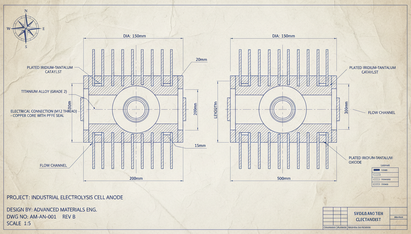 Detailed blueprint of a custom titanium anode design