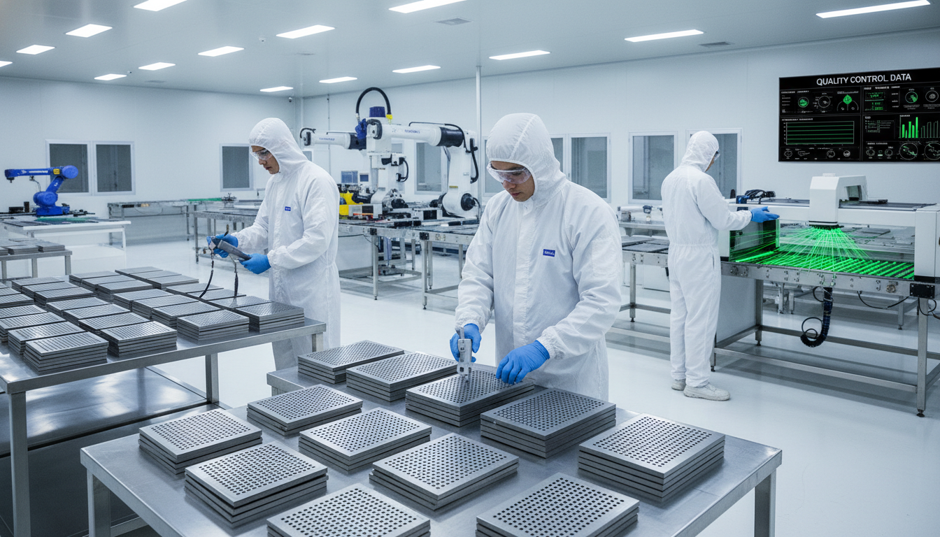 Technicians performing quality control checks on manufactured titanium anodes