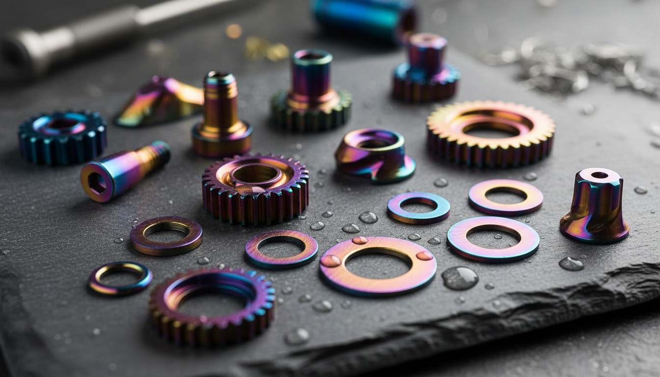 Colorful anodized titanium parts showing various hues