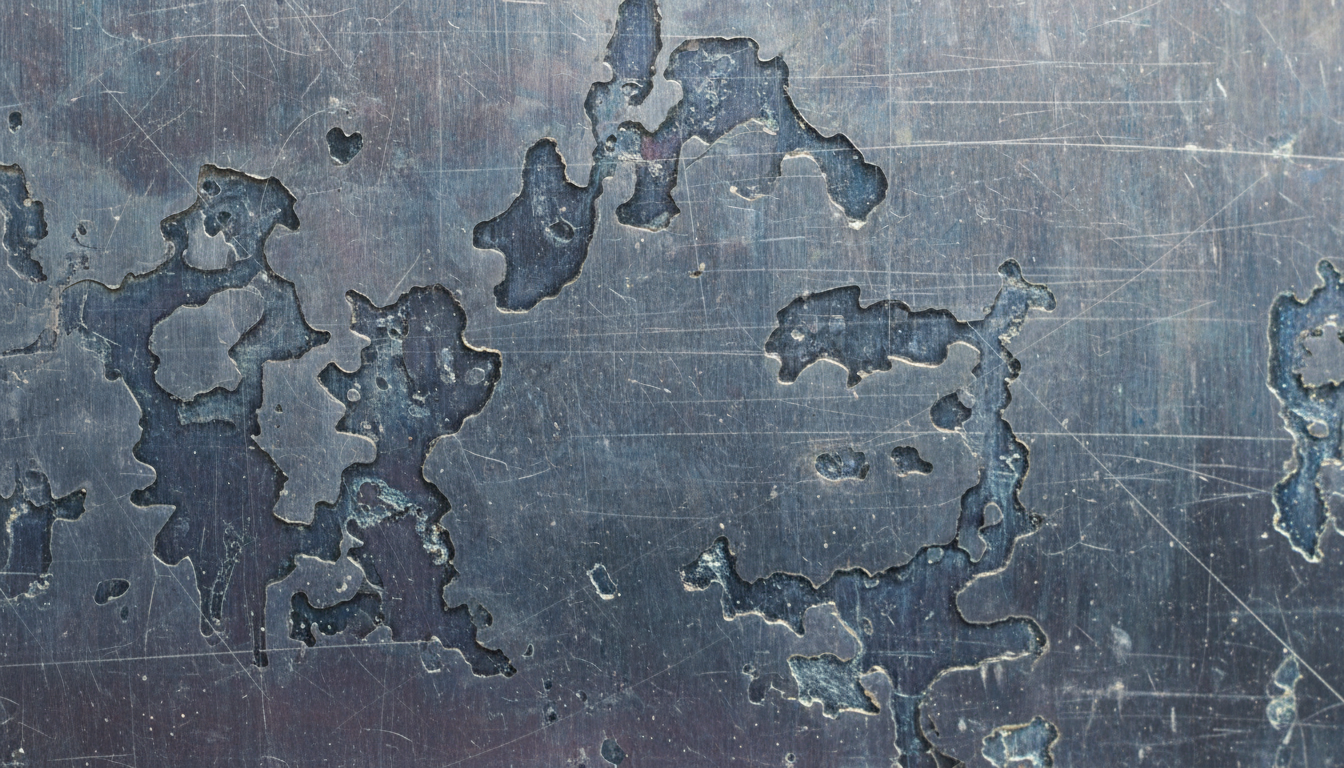 Titanium surface showing signs of chemical etching or abrasion