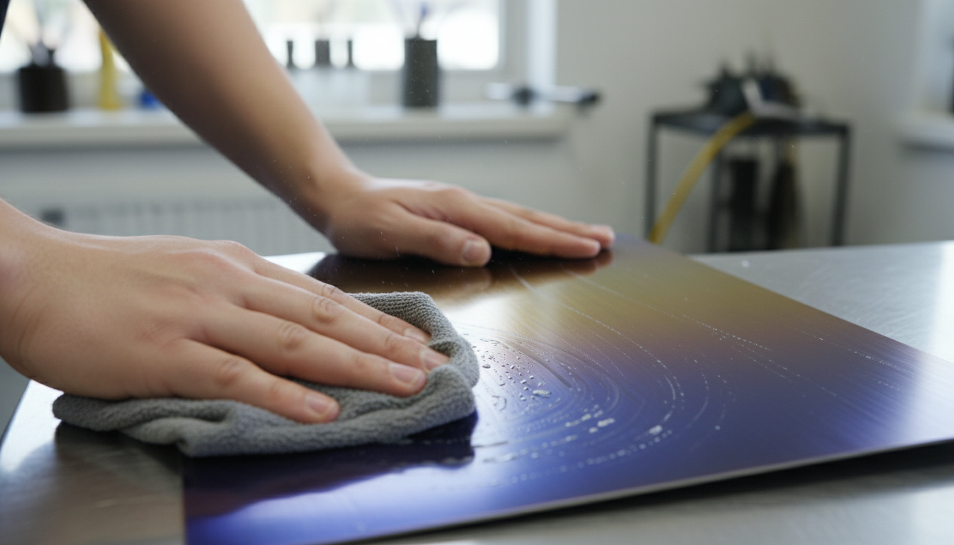 Hands gently cleaning an anodized titanium surface with a soft cloth