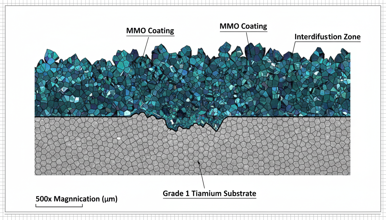 Detailed cross-section diagram showing the crystalline structure of the MMO coating bonded to the Grade 1 Titanium substrate at 500x magnification.