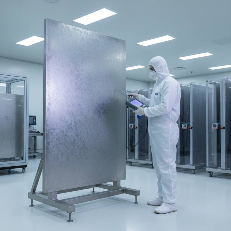 A technician inspecting a large titanium anode plate in a cleanroom environment