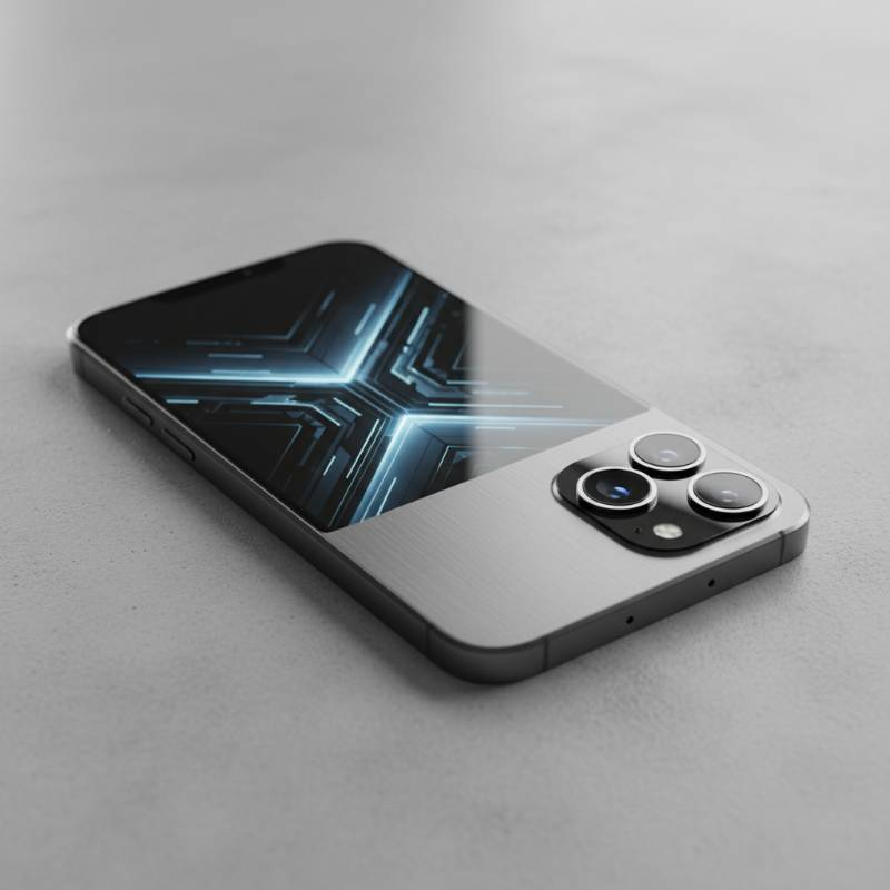 Close up of a modern smartphone with a matte titanium frame