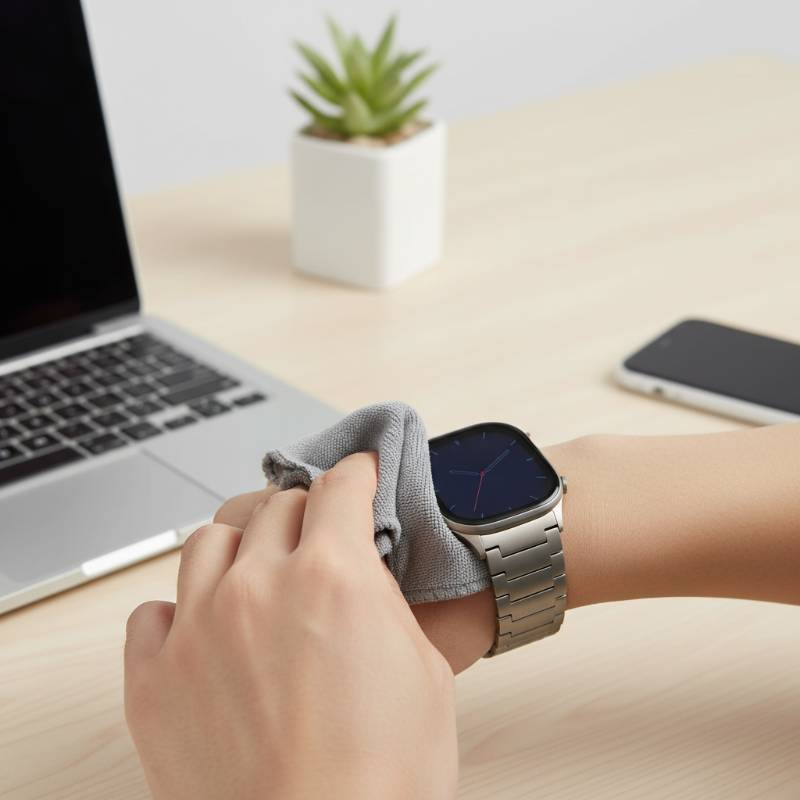 A person cleaning a titanium watch with a microfiber cloth