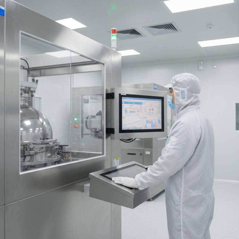Technician in a cleanroom monitoring a PVD coating machine display. Technician in a cleanroom monitoring a PVD coating machine display.