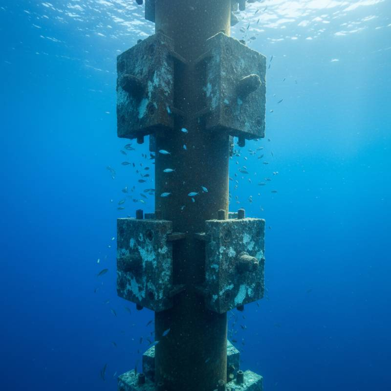 Underwater view of oil rig leg with anodes