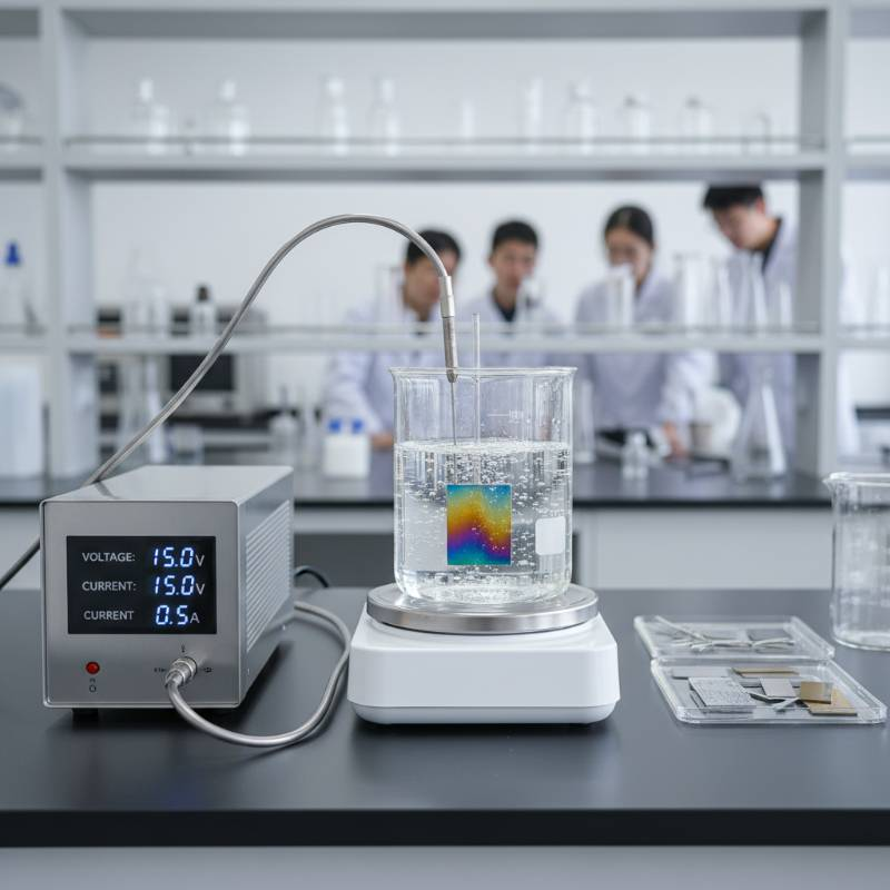 Laboratory setup for titanium anodizing with power supply and electrolyte bath Laboratory setup for titanium anodizing with power supply and electrolyte bath
