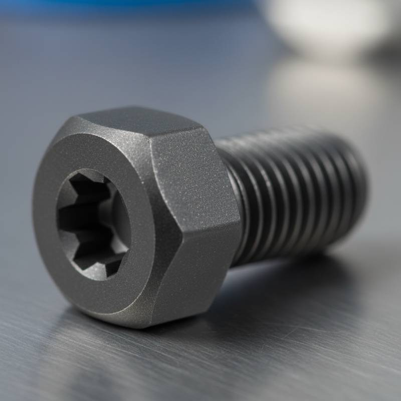 Macro photo of a dark grey matte titanium aerospace bolt treated with AMS 2488 Type II anodizing, showing a uniform non-reflective surface.