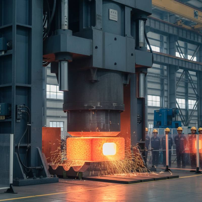 Giant hydraulic press forging a red hot titanium ingot