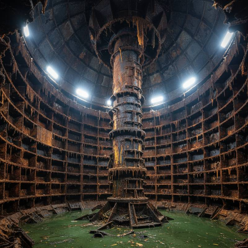 Corroded marine scrubber tower interior Corroded marine scrubber tower interior