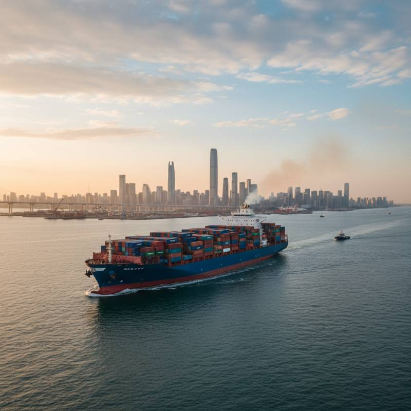 Modern cargo ship with scrubber plume Modern cargo ship with scrubber plume