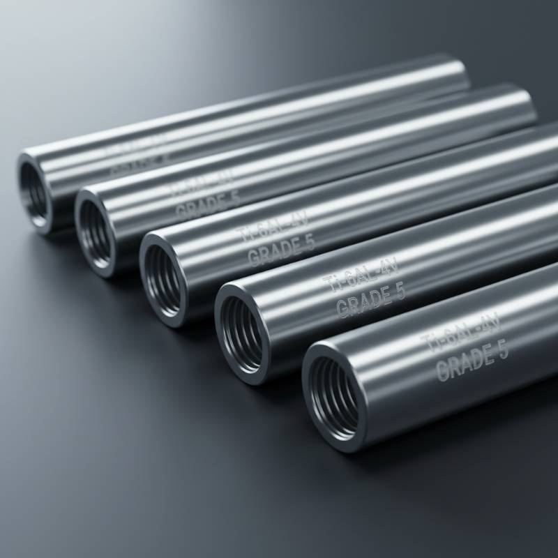 Macro shot of polished titanium rod ends with etched grade markings