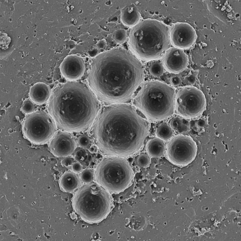 Microscopic view of pitting corrosion on a titanium surface caused by fluoride ions