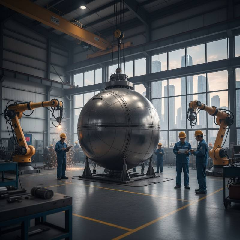 Titanium deep-sea submersible pressure hull sphere in a workshop Titanium deep-sea submersible pressure hull sphere in a workshop