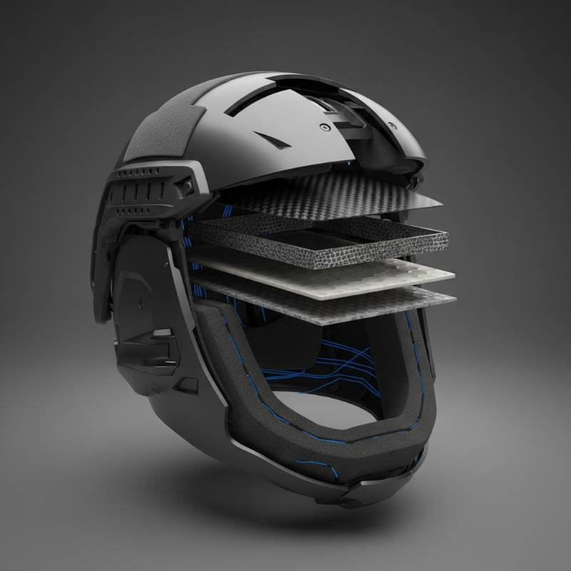 Tactical titanium helmet design showing layered composite construction Tactical titanium helmet design showing layered composite construction