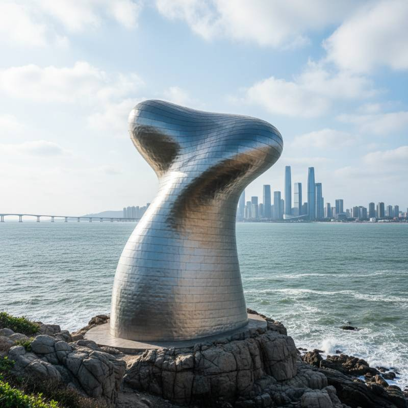 Wide shot of a coastal historic monument with titanium cladding reflecting the ocean light