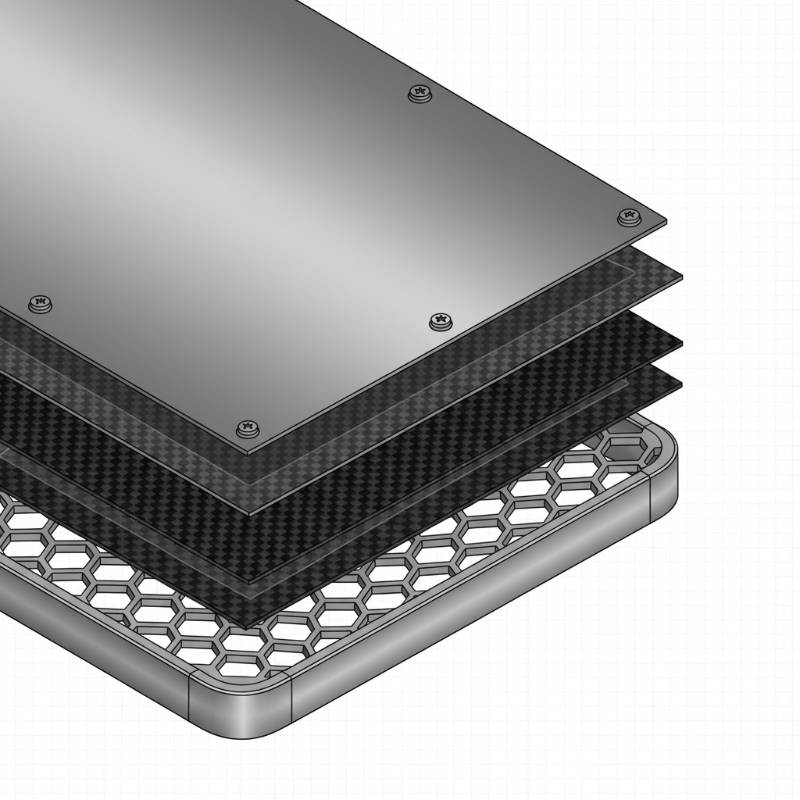 Technical diagram showing carbon fiber layers and titanium panels in a roof section
