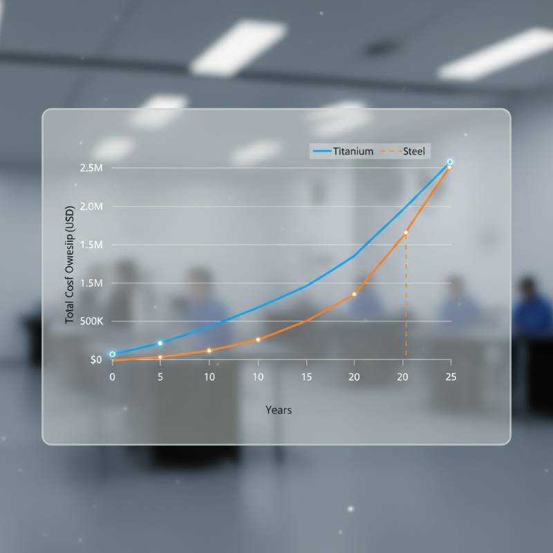 Graph showing Total Cost of Ownership comparison between titanium and steel over 25 years Graph showing Total Cost of Ownership comparison between titanium and steel over 25 years