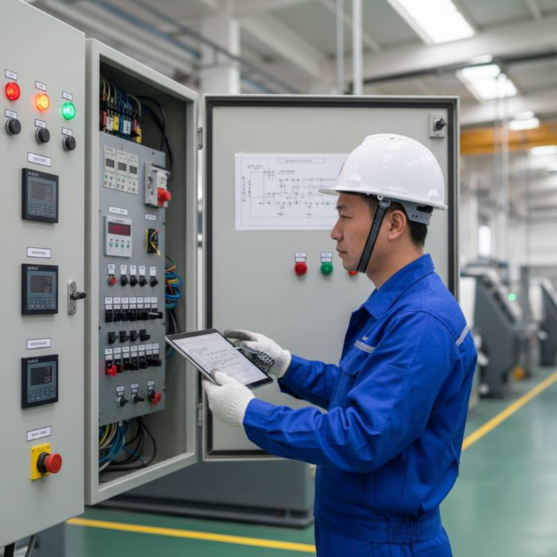 Industrial maintenance worker inspecting a heating control panel