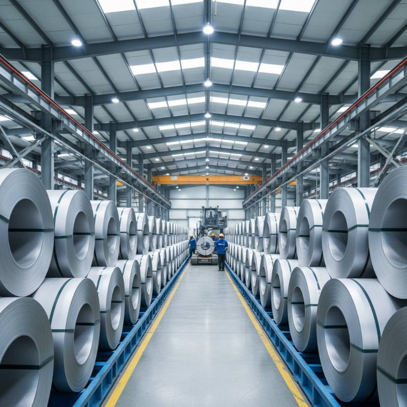 Warehouse with rows of titanium coils Warehouse with rows of titanium coils