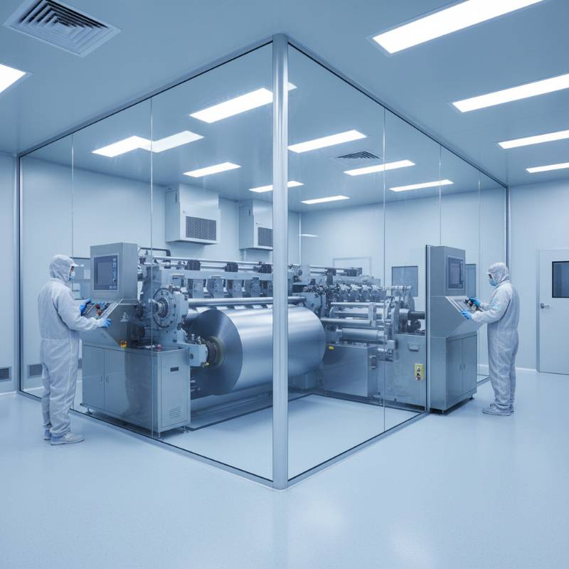 Industrial titanium slitting machine in a clean room Industrial titanium slitting machine in a clean room