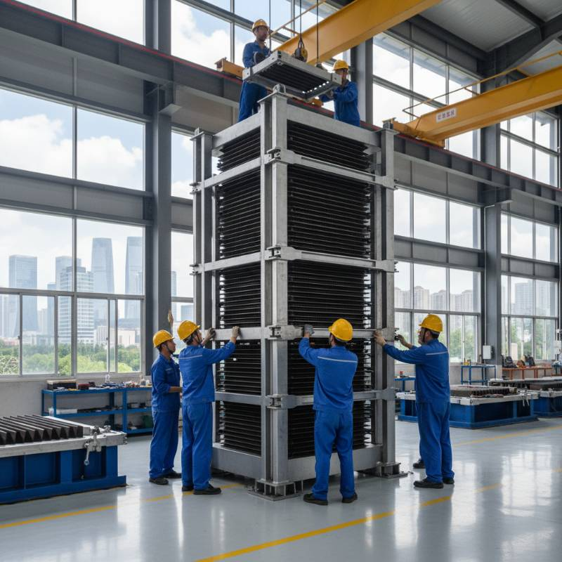 Industrial plate heat exchanger being assembled