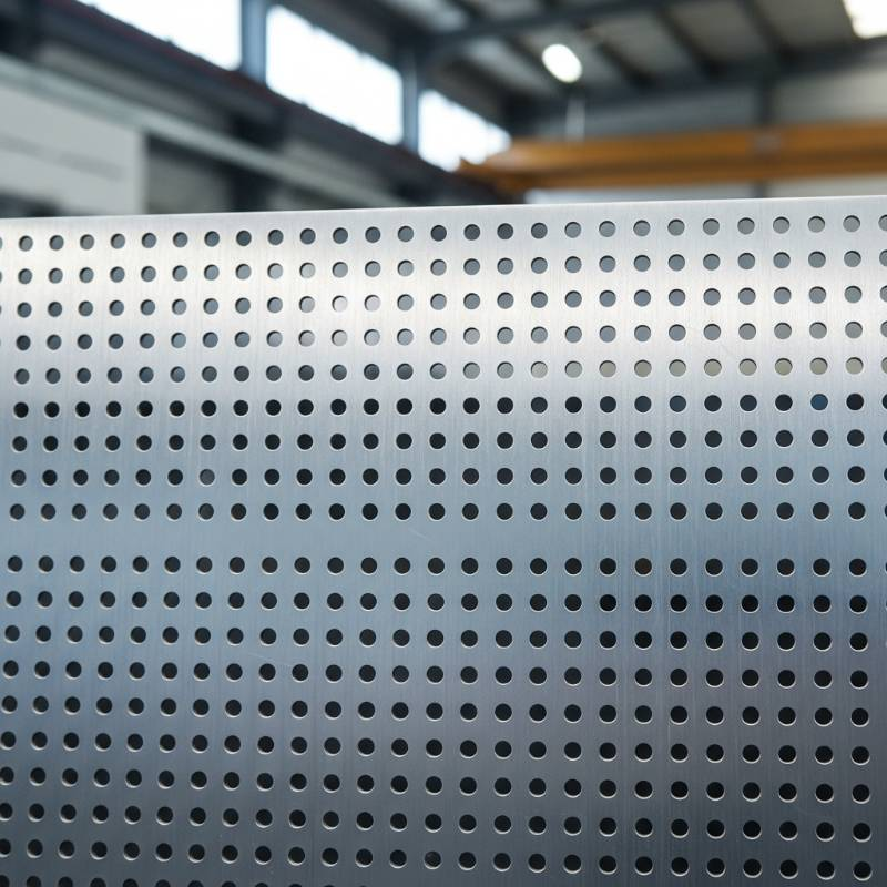 Close-up of a perforated titanium sheet with a 60 degree staggered hole pattern, metallic texture, industrial lighting Close-up of a perforated titanium sheet with a 60 degree staggered hole pattern, metallic texture, industrial lighting