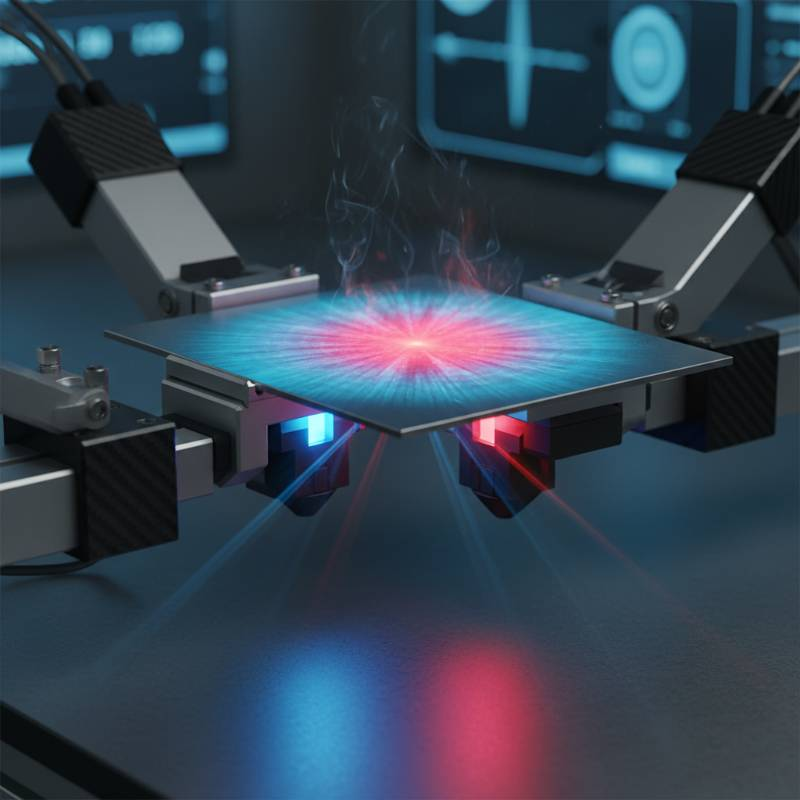 Titanium sheet undergoing thermal stress test with blue and red light gradients