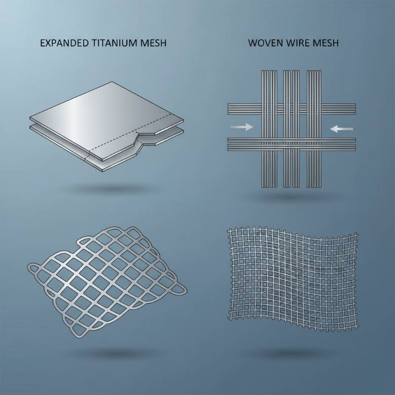 Comparison diagram of titanium expanded mesh stretching process and woven wire mesh interlacing process