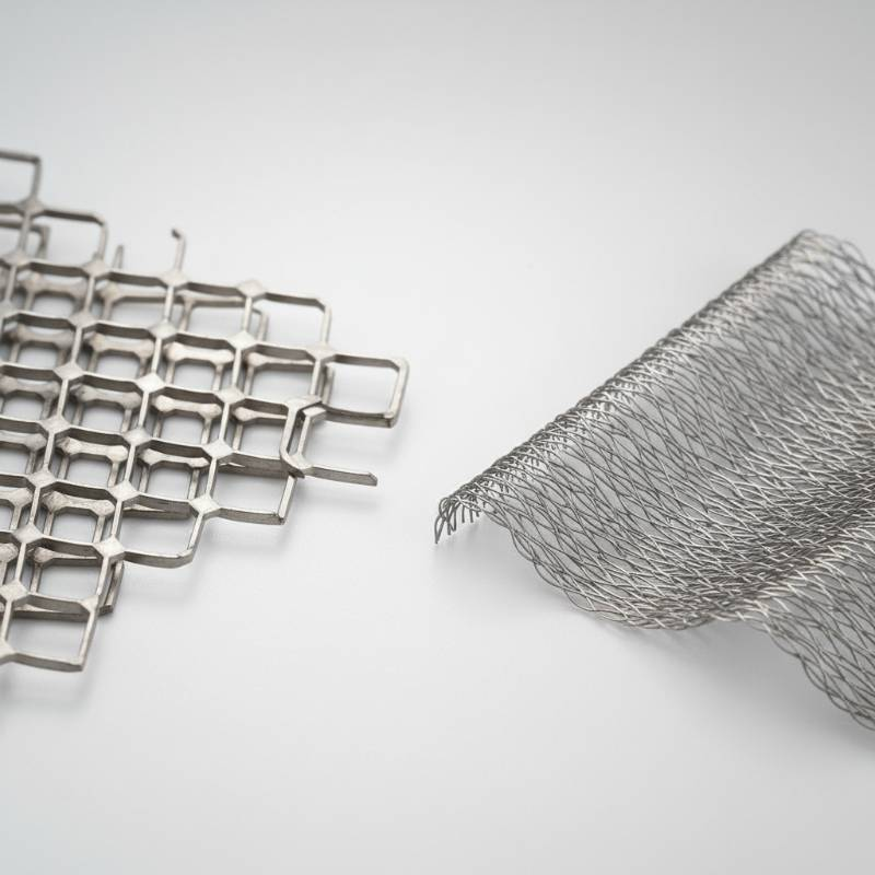 Macro photo showing the rigid nodes of titanium expanded mesh vs the flexible weave of titanium wire mesh