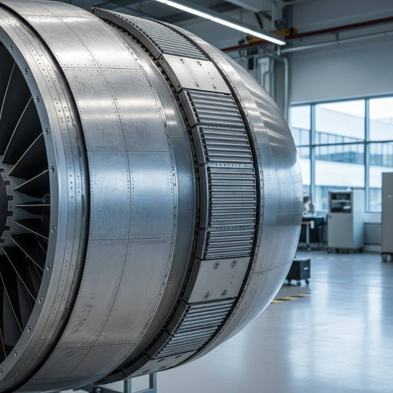 Jet engine nacelle close up showing titanium components